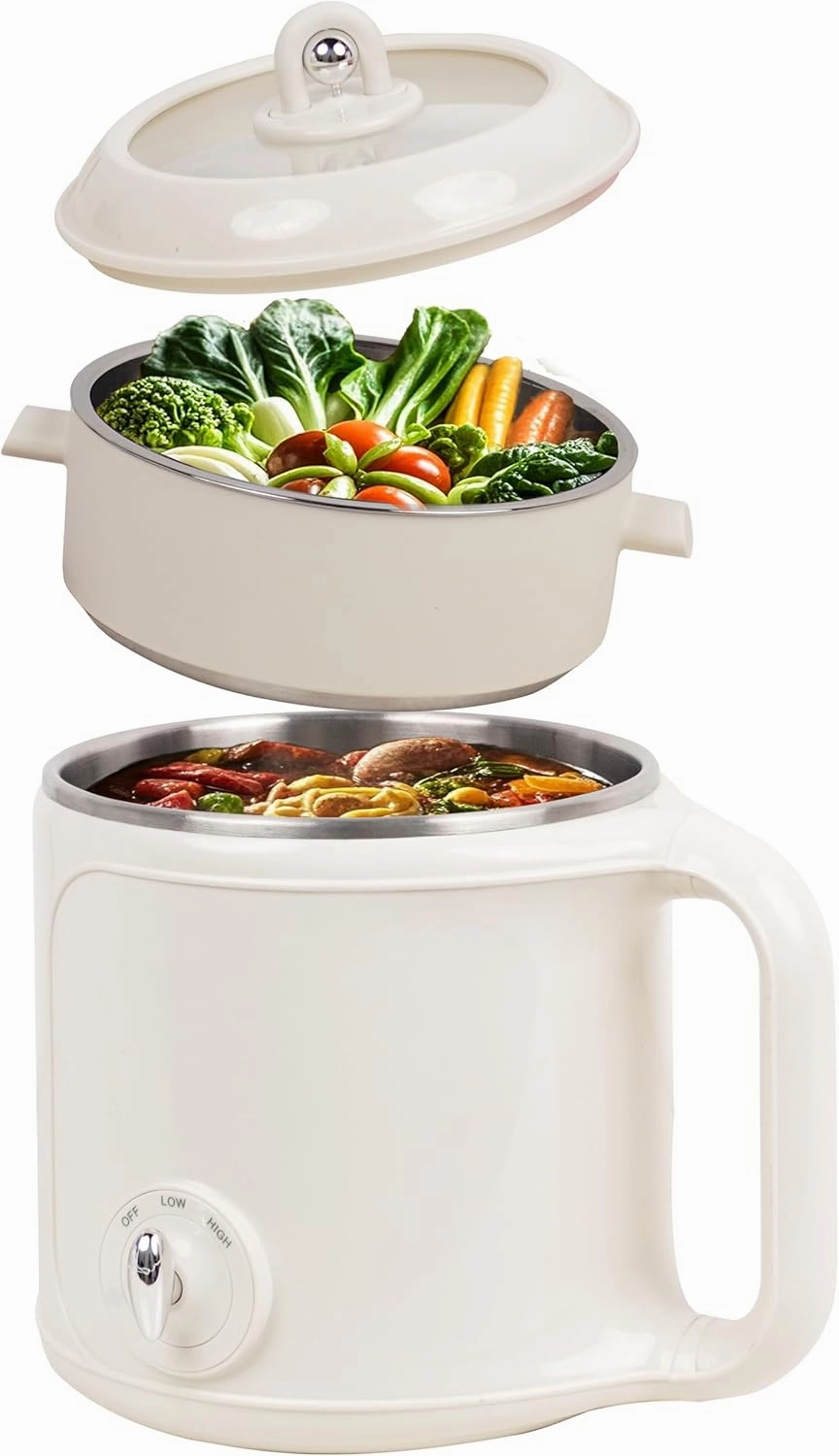Hot Pot Electric with Steamer：2.0 L Ramen Cooker, Multifunctional Stainless Steel Electric Pot for Cooking, Portable Electric Pot, Electric Cooker with Dual Power Adjustment for Dorm, Office,Travel