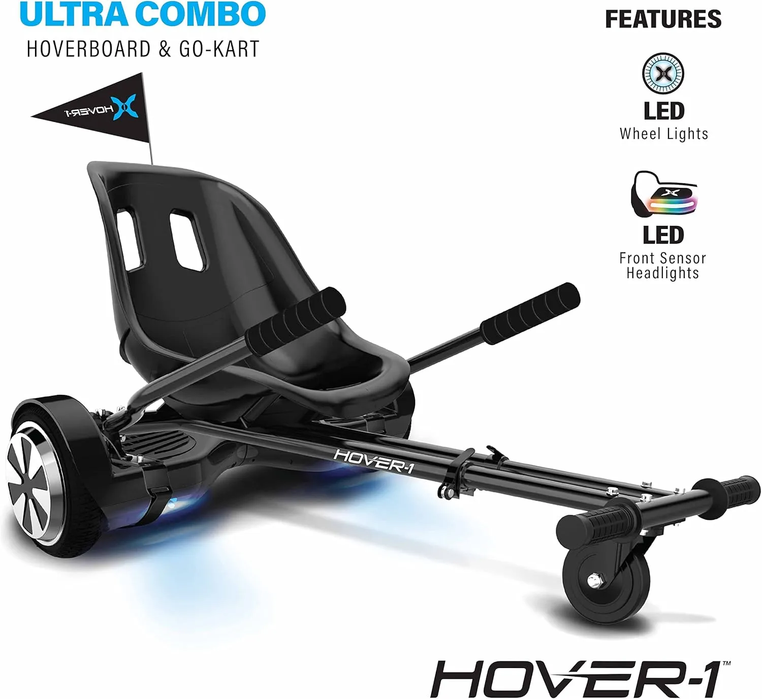 Hover-1 Ultra Electric Hoverboard Go Kart Combo - 7MPH Top Speed, 4HR Full Charge, Hand-Operated Rear Wheel Control, Adjustable Frame, Easy Installation Self Balancing Hoverboard with Seat Attachment
