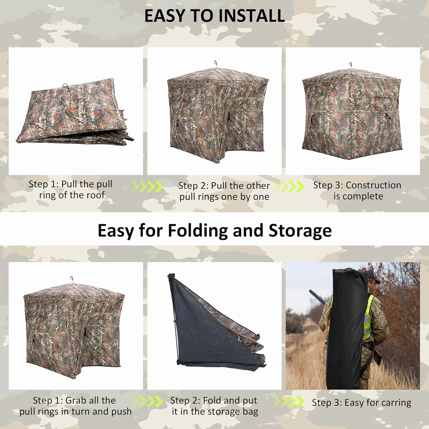 Hunting Blind 360° Degree See Through Ground Blind for Deer Hunting, 2-3 Person Pop-up Hunting Turkey Blind, Deer Blind, Portable Durable Hunting Blind for Deer Hunting and Turkey Hunting