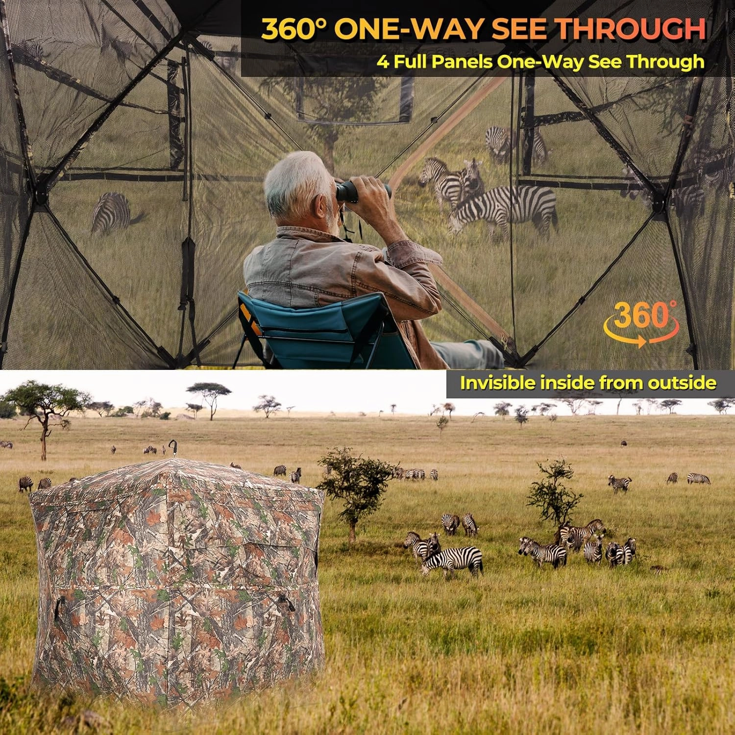 Hunting Blind 360° Degree See Through Ground Blind for Deer Hunting, 2-3 Person Pop-up Hunting Turkey Blind, Deer Blind, Portable Durable Hunting Blind for Deer Hunting and Turkey Hunting