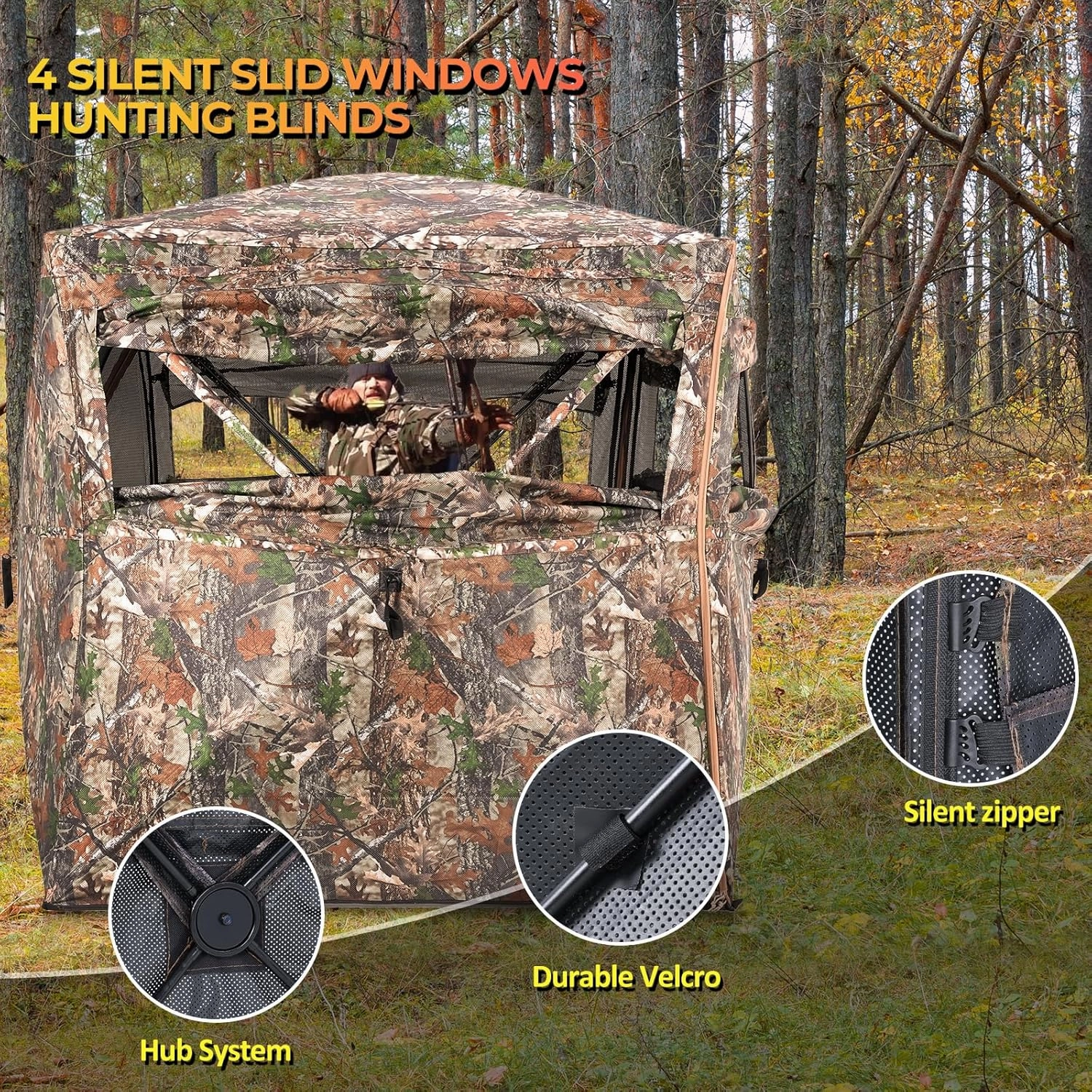 Hunting Blind 360° Degree See Through Ground Blind for Deer Hunting, 2-3 Person Pop-up Hunting Turkey Blind, Deer Blind, Portable Durable Hunting Blind for Deer Hunting and Turkey Hunting