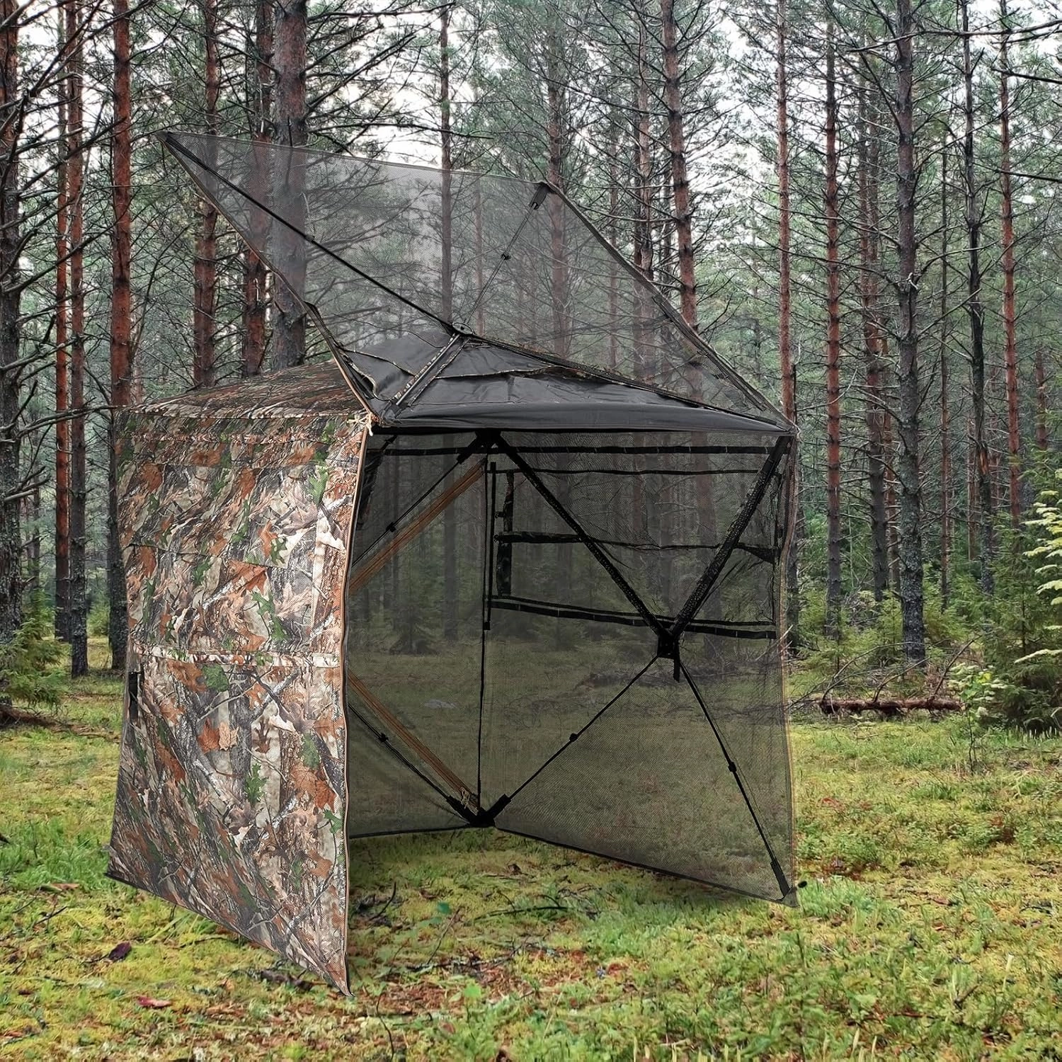 Hunting Blind 360° Degree See Through Ground Blind for Deer Hunting, 2-3 Person Pop-up Hunting Turkey Blind, Deer Blind, Portable Durable Hunting Blind for Deer Hunting and Turkey Hunting