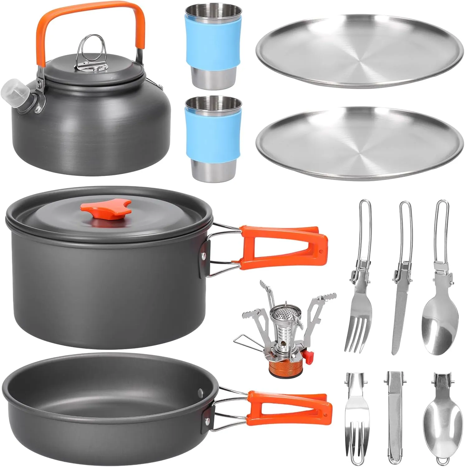 HXBER Camping Hiking Cookware Set Outdoor Portable Picnic Cookware Kit Aluminum Alloy Pot Frying Pan Kettle Cups Set Travel Cooking Accessory