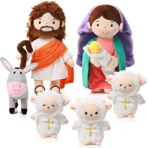 HyDren 6 Pcs Plush Nativity Set Christian Religious Plush Doll 11 Inch Saint Virgin Mary with Baby Jesus and Donkey Lambs, God Plushies Gifts for Easter Religious Christening Church Nursery