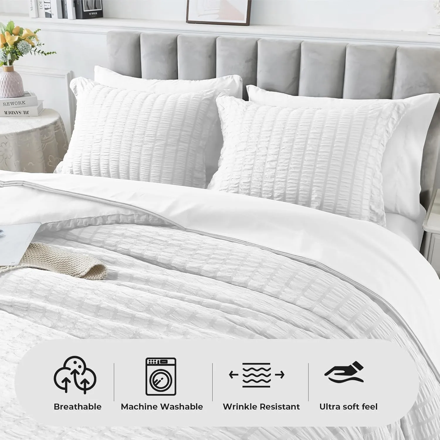 HYLEORY King Size Seersucker Comforter Set - 7 Pieces Reversible Comforters Bedding Sets, All Season Bed in a Bag with Comforter, Sheets, Pillowcases & Shams White