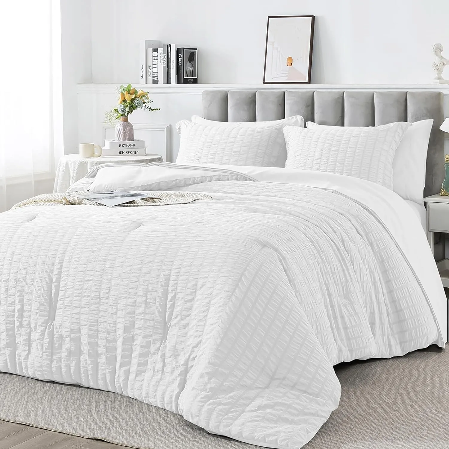 HYLEORY King Size Seersucker Comforter Set - 7 Pieces Reversible Comforters Bedding Sets, All Season Bed in a Bag with Comforter, Sheets, Pillowcases & Shams White