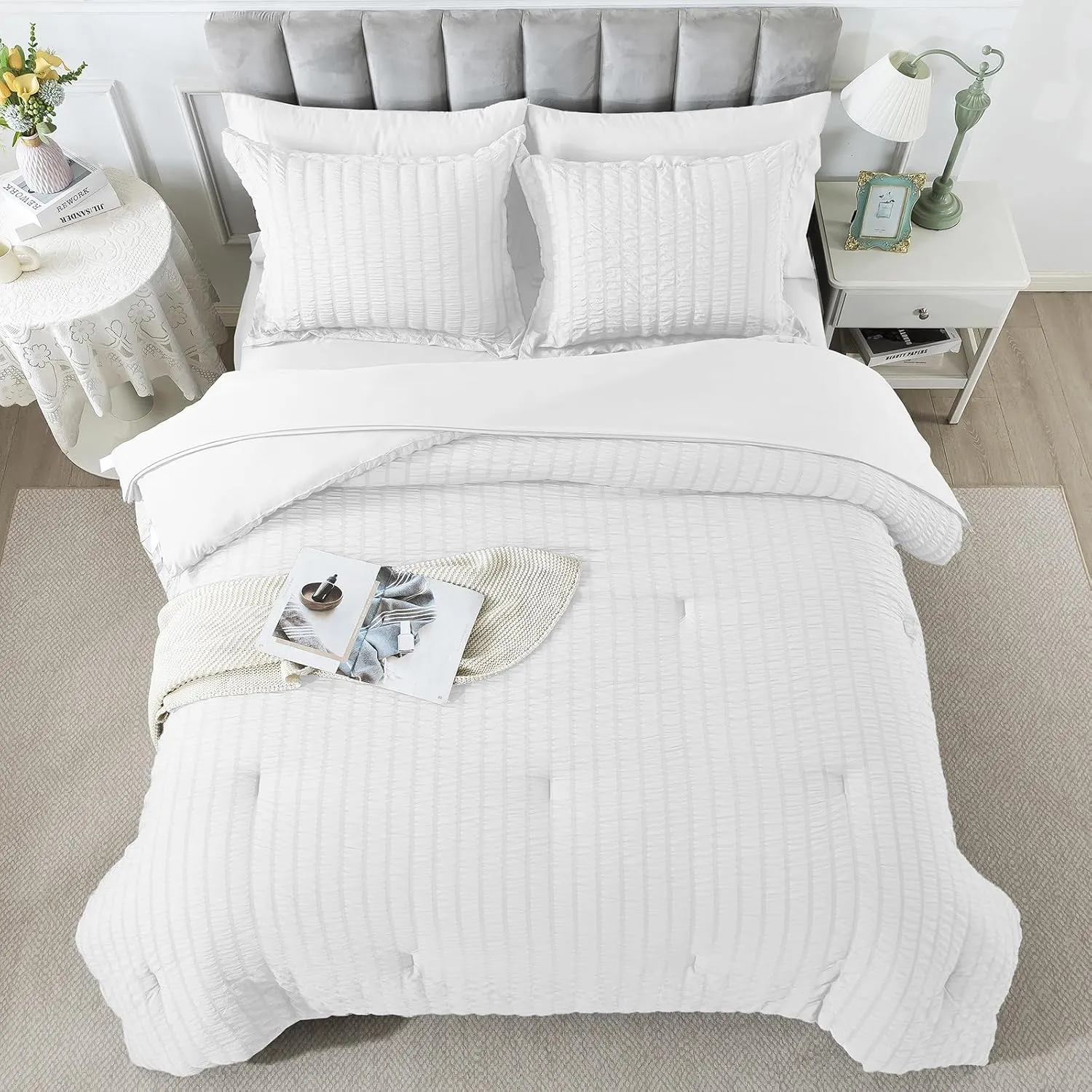 HYLEORY King Size Seersucker Comforter Set - 7 Pieces Reversible Comforters Bedding Sets, All Season Bed in a Bag with Comforter, Sheets, Pillowcases & Shams White