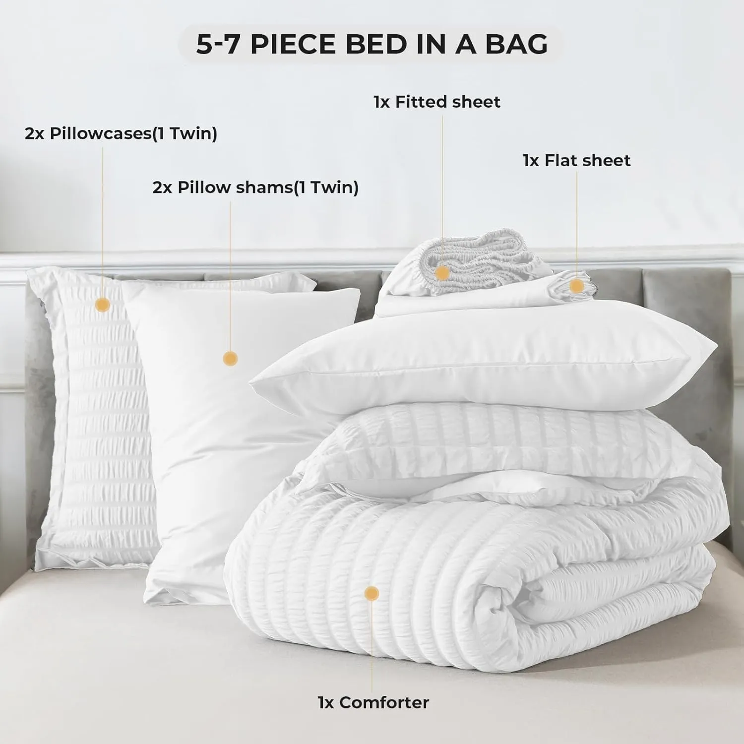 HYLEORY King Size Seersucker Comforter Set - 7 Pieces Reversible Comforters Bedding Sets, All Season Bed in a Bag with Comforter, Sheets, Pillowcases & Shams White