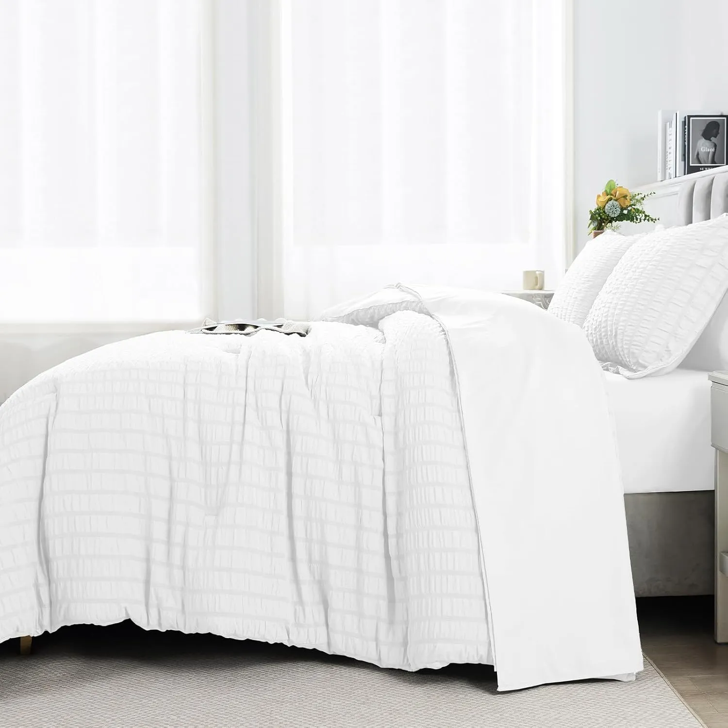 HYLEORY King Size Seersucker Comforter Set - 7 Pieces Reversible Comforters Bedding Sets, All Season Bed in a Bag with Comforter, Sheets, Pillowcases & Shams White