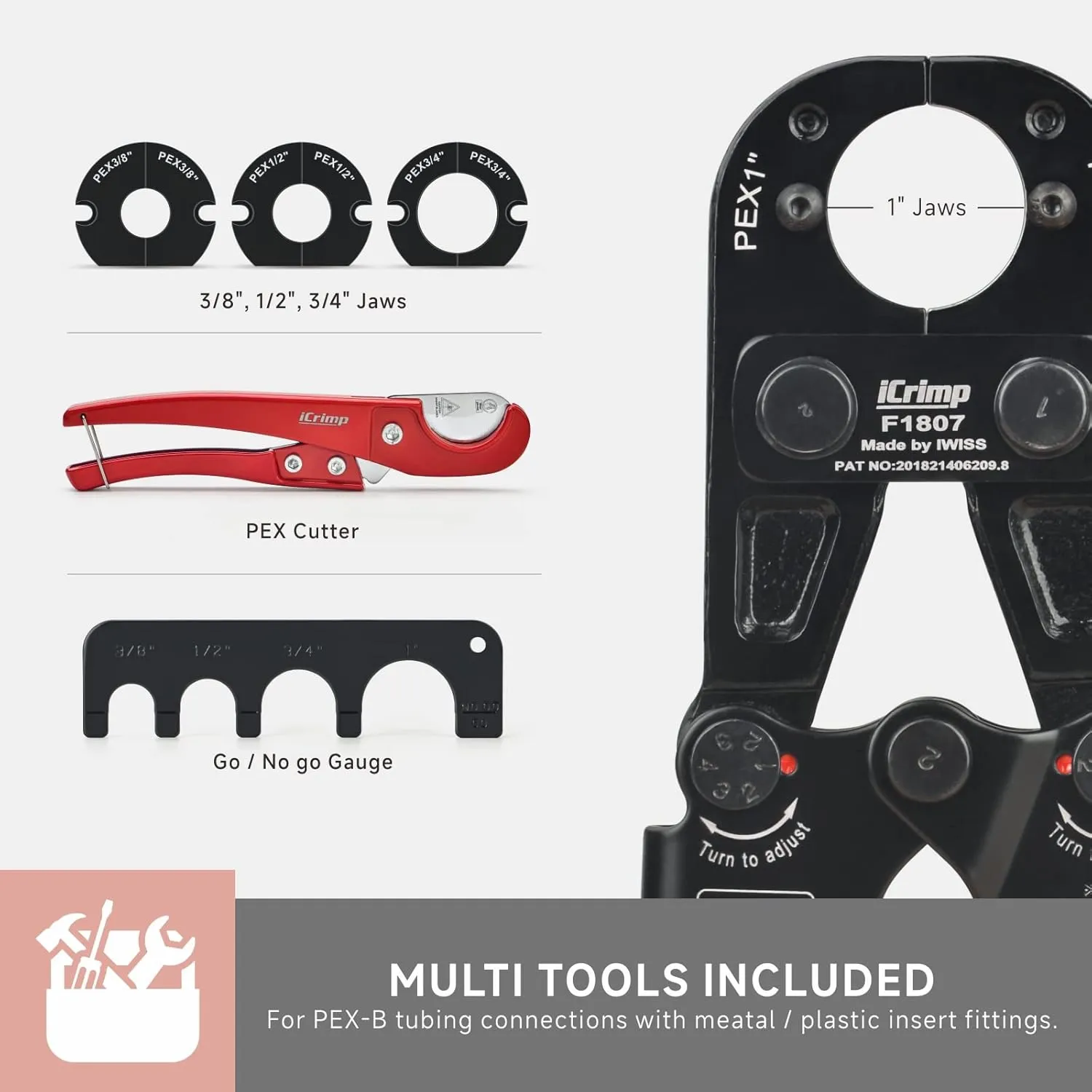 iCrimp Pex Pipe Crimping Tool kit for 3/8,1/2,3/4,1-inch Copper Ring with Free Gauge&Pex Pipe Cutter -Meet ASTM F1807 and Portable