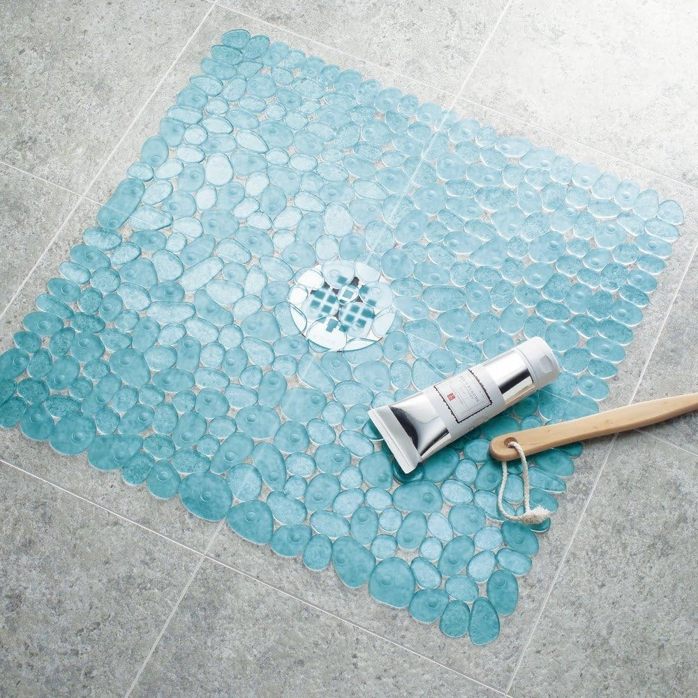 iDesign Pebblz Suction Non-Slip Square Bath Mat for Shower, Bathtub, Stall, 22" x 22", Blue
