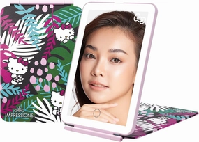 Impressions Vanity Hello Kitty Touch Pad Mini Tri-Tone Makeup Mirror with Animal Print Flip Cover and LED Strip, Travel Vanity Mirror with Touch Sensor Switch and USB Extension (Animal Pink)