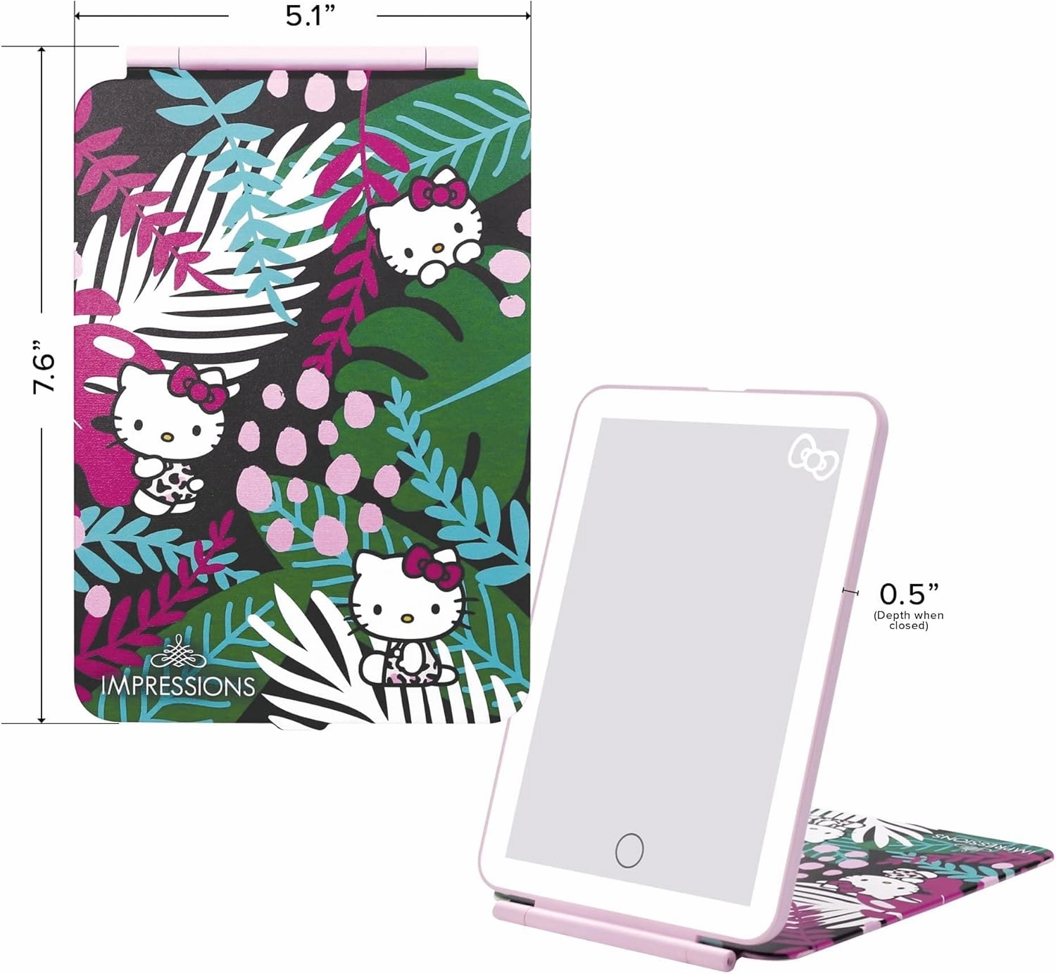 Impressions Vanity Hello Kitty Touch Pad Mini Tri-Tone Makeup Mirror with Animal Print Flip Cover and LED Strip, Travel Vanity Mirror with Touch Sensor Switch and USB Extension (Animal Pink)