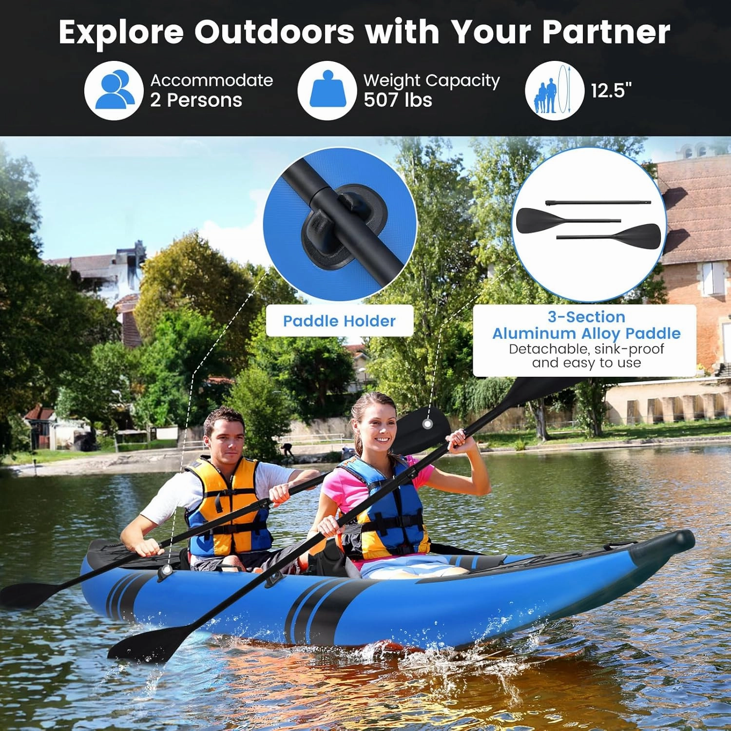 Inflatable Kayak, 12.5 Ft Tandem Kayak with Drop-Stitch Floor, Aluminum Paddles, Padded Seats & Accessories, 2 Person Canoe, Portable Fishing Kayaks for Adults, 507 lbs Capacity