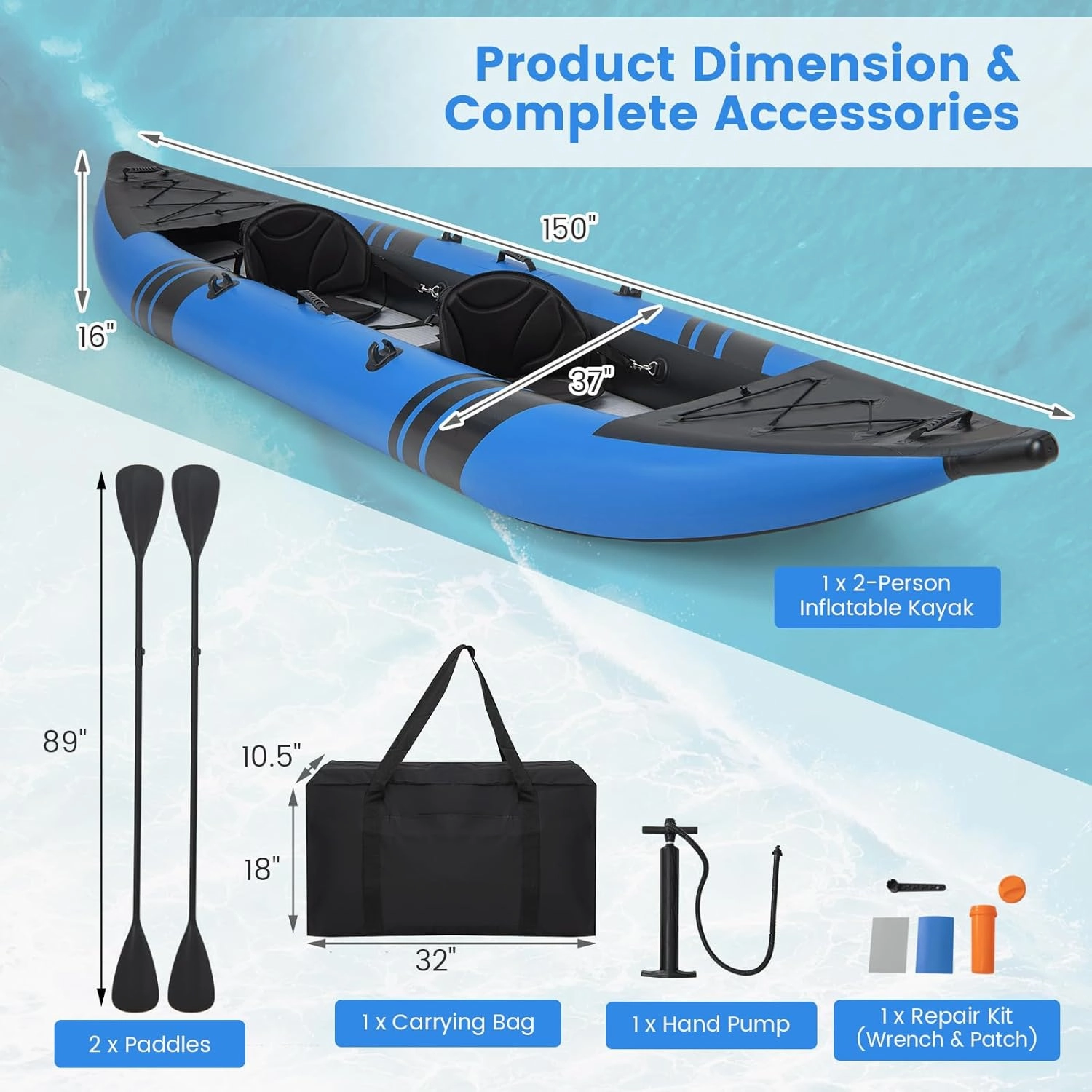 Inflatable Kayak, 12.5 Ft Tandem Kayak with Drop-Stitch Floor, Aluminum Paddles, Padded Seats & Accessories, 2 Person Canoe, Portable Fishing Kayaks for Adults, 507 lbs Capacity