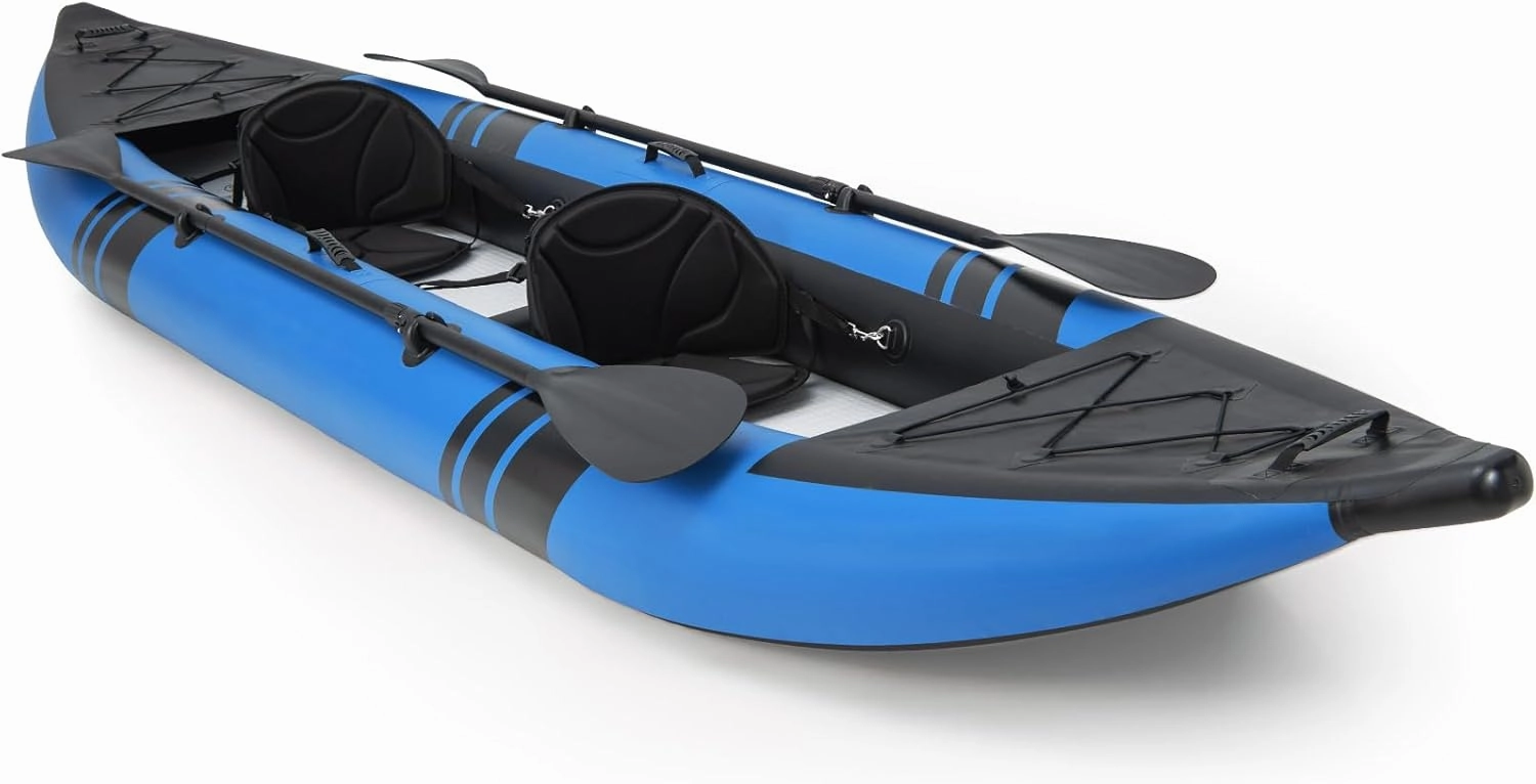 Inflatable Kayak, 12.5 Ft Tandem Kayak with Drop-Stitch Floor, Aluminum Paddles, Padded Seats & Accessories, 2 Person Canoe, Portable Fishing Kayaks for Adults, 507 lbs Capacity