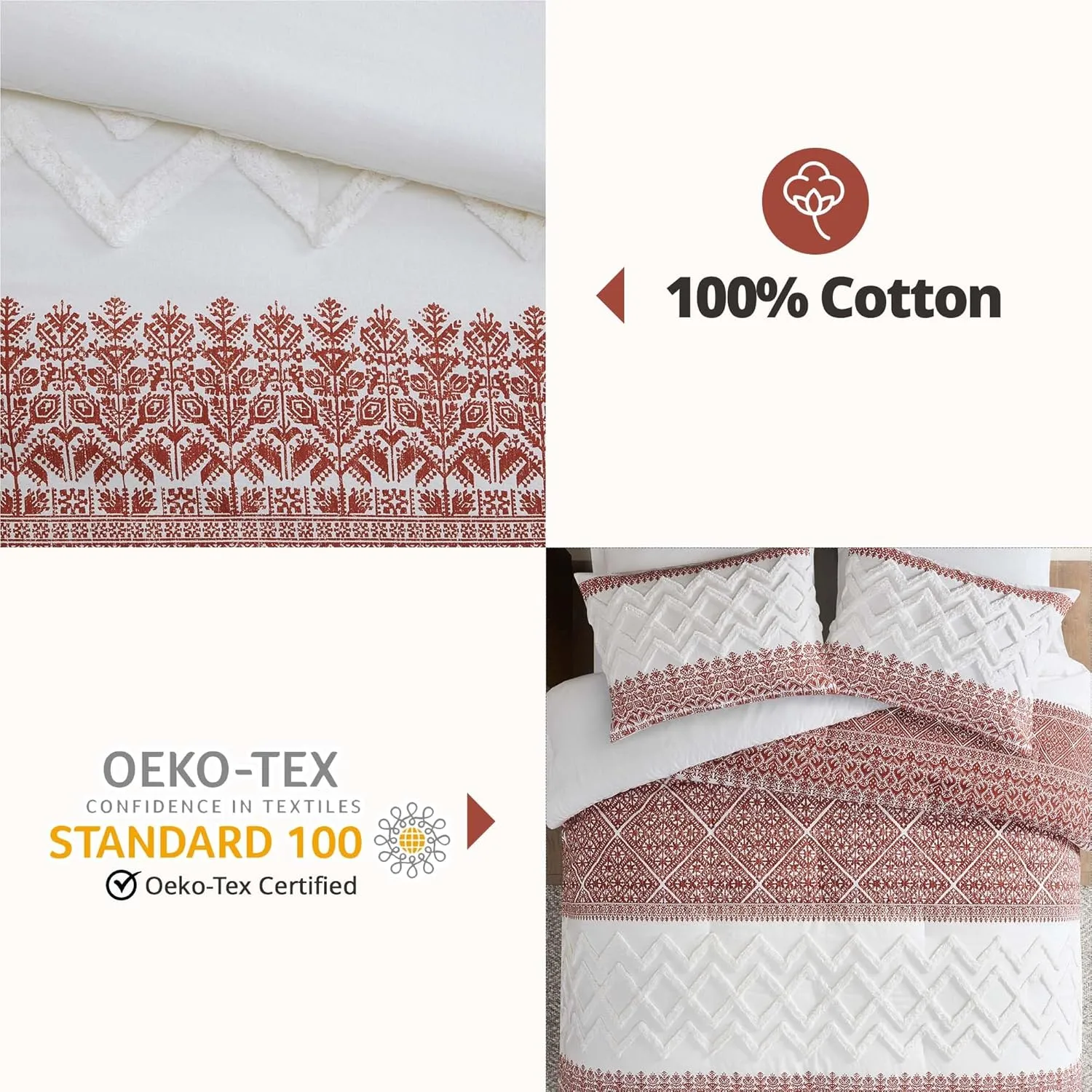 INK IVY Queen Duvet Cover Set, Chic Chevron Chenille Tufting Accent, Boho Duvet Queen Set, All Season, Lightweight Cotton Duvet Queen Set Bedding Cover, 2 Shams, Mila, Full/Queen Auburn 3 Piece