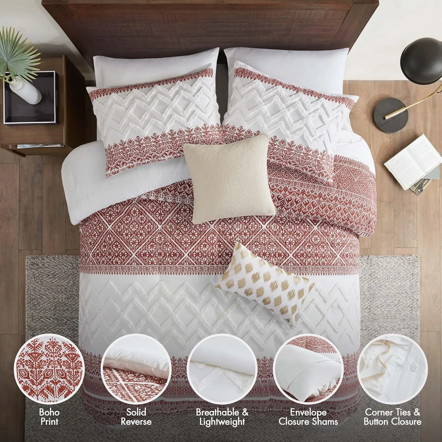 INK IVY Queen Duvet Cover Set, Chic Chevron Chenille Tufting Accent, Boho Duvet Queen Set, All Season, Lightweight Cotton Duvet Queen Set Bedding Cover, 2 Shams, Mila, Full/Queen Auburn 3 Piece