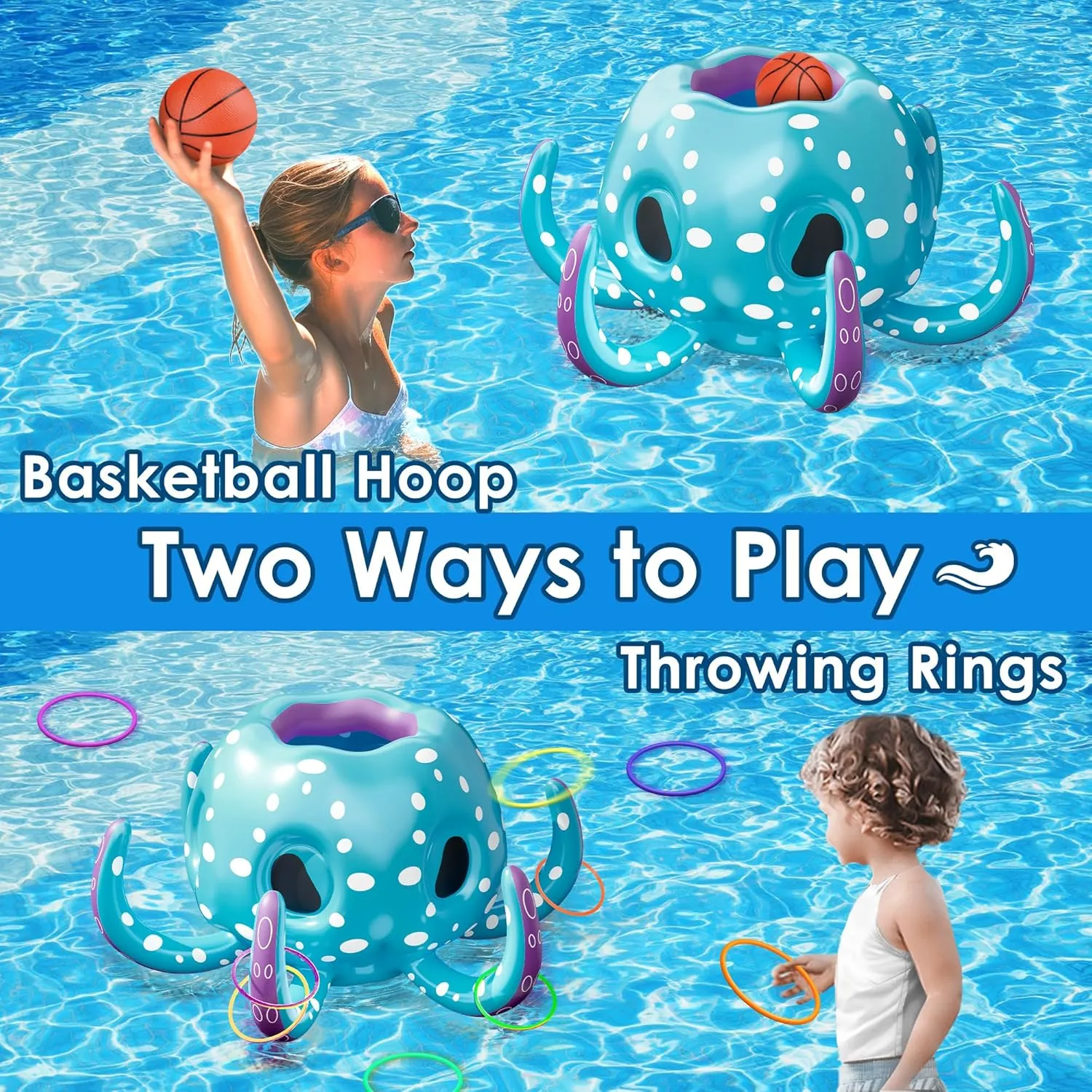 iPlay, iLearn Pool Wave Kids Octopus Pool Toys, 2-in-1 Inflatable Float Water Game, Basketball Hoop Ring Toss Outdoor Swim Play, Cool Summer Family Party Gift 3 4 5 6 7 8 Year Old Boy Girl Child-Blue