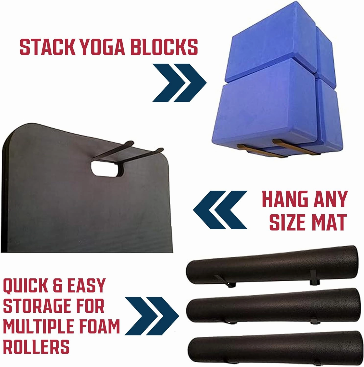 IRON AMERICAN Yoga Mat Hanger - Adjustable Hooks for Exercise Mats, Foam Rollers & Gym Equipment Storage - Wall Mounted - Hardware Included - (6.75" x .75") - American Steel