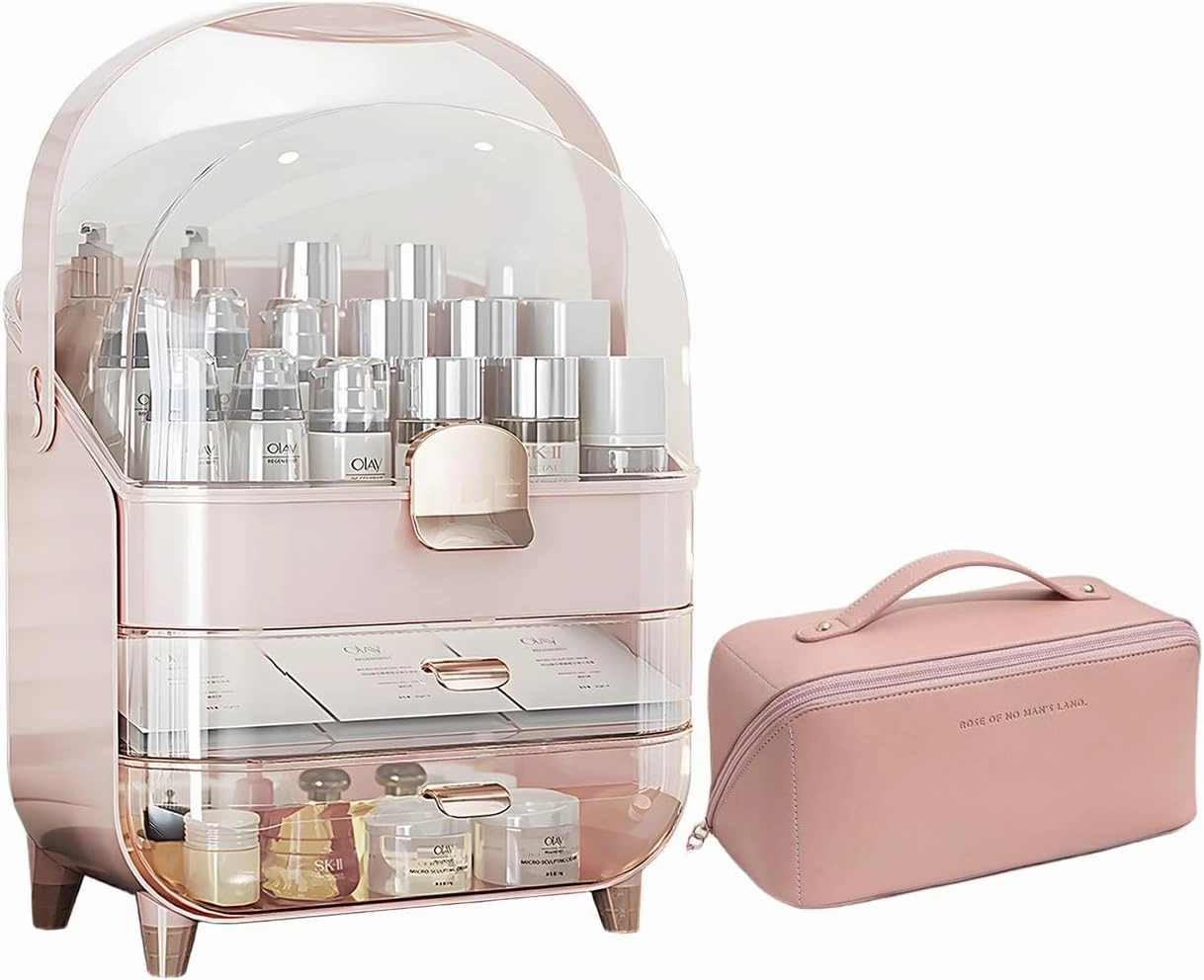 IUI Make up Organizer, 2 Drawer Make up Organizers for Vanity, DustProof Skincare Organizers with Lid, Large Cosmetic Display Cases for Vanity, Bathroom, Countertop, Gifts for Women Girls, Pink