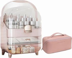 IUI Make up Organizer, 2 Drawer Make up Organizers for Vanity, DustProof Skincare Organizers with Lid, Large Cosmetic Display Cases for Vanity, Bathroom, Countertop, Gifts for Women Girls, Pink