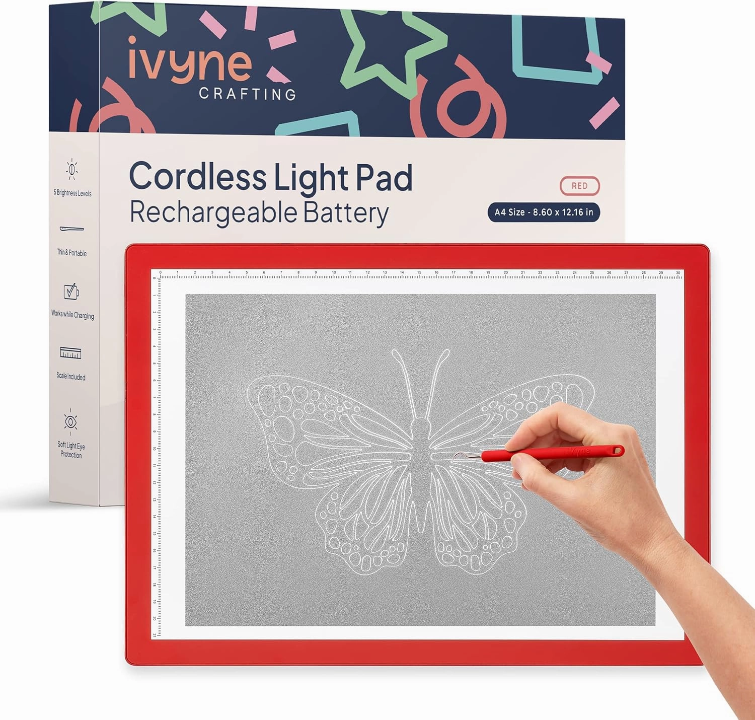 iVyne Rechargeable A4 Light Pad for Tracing & Weeding - LED Light Board for Weeding Vinyl - for Cricut Vinyl Weeding Tools - Ultra-Thin & Portable - Perfect for Artists & Crafters - Red