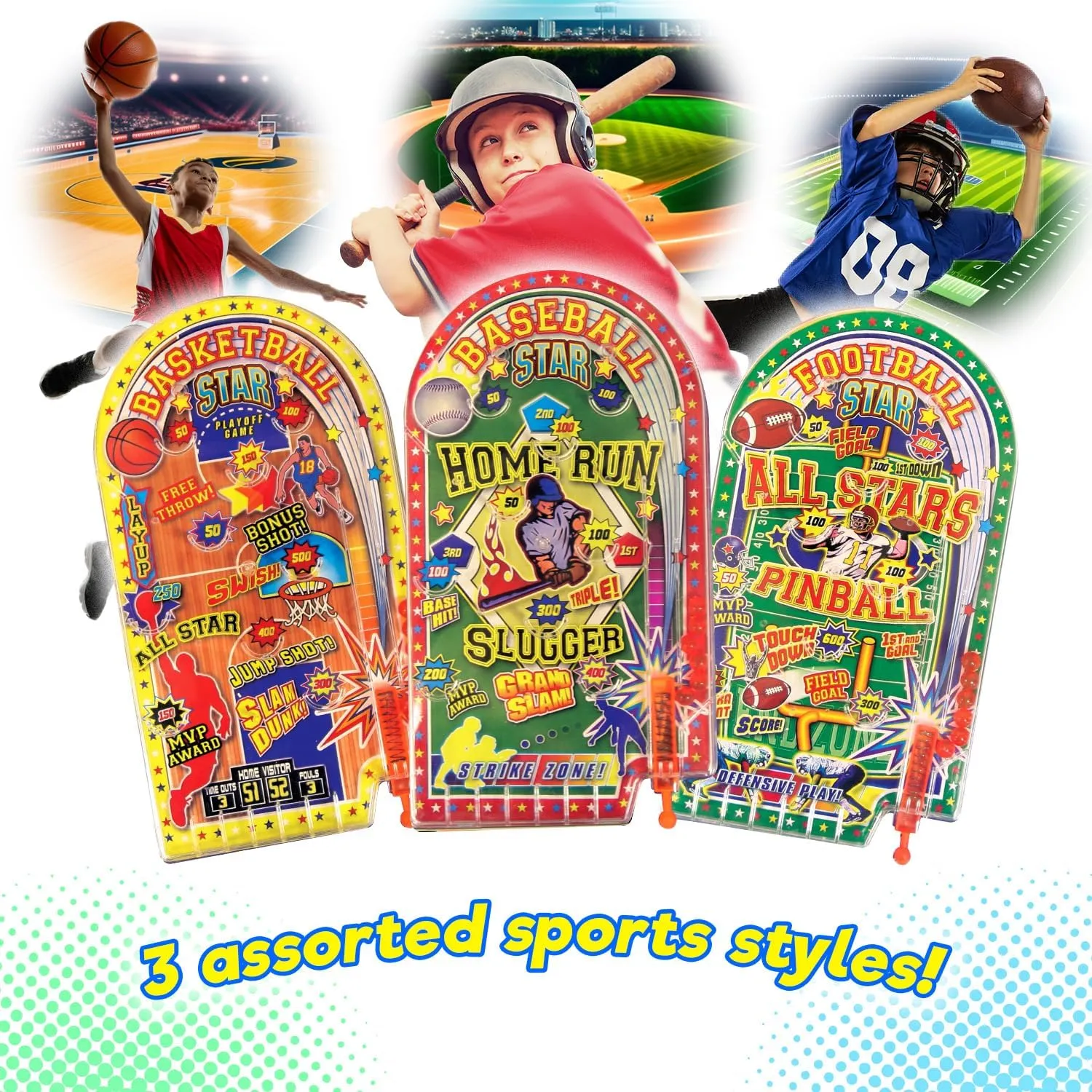 JA-RU Handheld Pinball Games for Kids (3 Pack) Sports Themed Mini Pinball Machine for Kids Ages 4 & Up | Classic Retro Toys from The 70s | Party Favors & Bulk Prizes. 210-3s