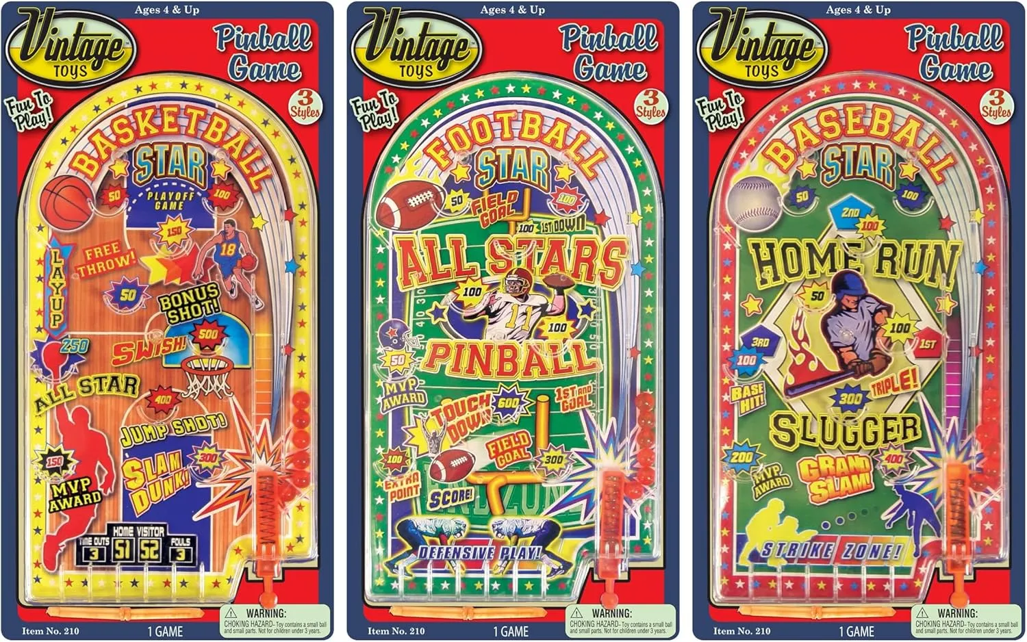 JA-RU Handheld Pinball Games for Kids (3 Pack) Sports Themed Mini Pinball Machine for Kids Ages 4 & Up | Classic Retro Toys from The 70s | Party Favors & Bulk Prizes. 210-3s