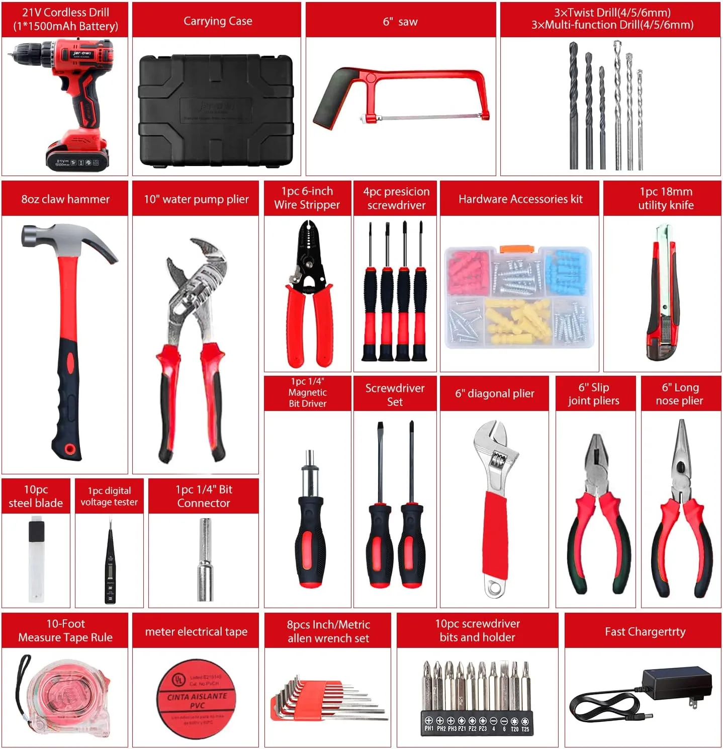 jar-owl Powerful Brushless Motor 21V Cordless Drill Set, 319 in-lb Torque, 0-1350RMP Variable Speed, 10MM 3/8'' Keyless Chuck, 25 1 Clutch, 1.5Ah Li-Ion Battery & Charger for Home Tool Kit