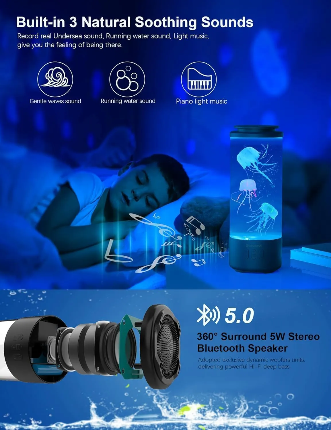 Jellyfish Lamp Bluetooth Speaker, White Noise LED Jellyfish Aquarium Night Light, 7 Color Changing with 4 Lighting Modes, Mood Lamp for Home Office Sleep Relax, Gifts for Kids Teens Girls Boys Adults