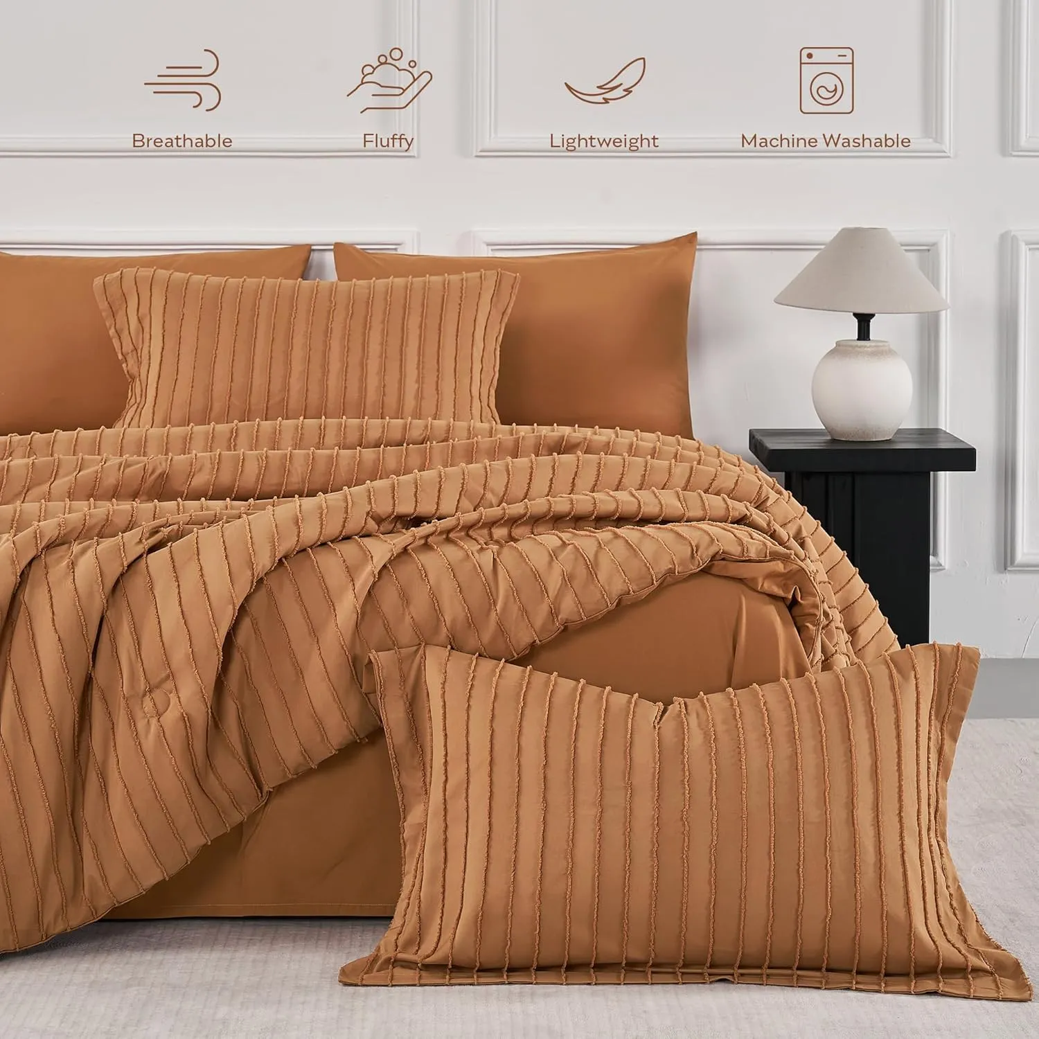 JELLYMONI Queen Comforter Set - Rust Striped Tufted Bedding Set for All Seasons, Fluffly Comforter (90"x90") with Pillow Shams (20"x26" 2")