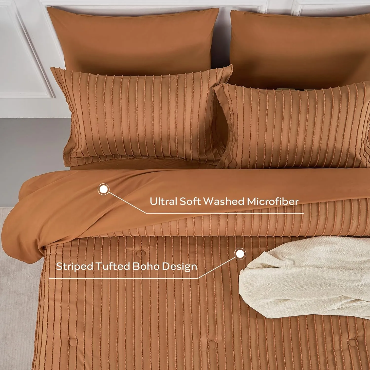 JELLYMONI Queen Comforter Set - Rust Striped Tufted Bedding Set for All Seasons, Fluffly Comforter (90"x90") with Pillow Shams (20"x26" 2")