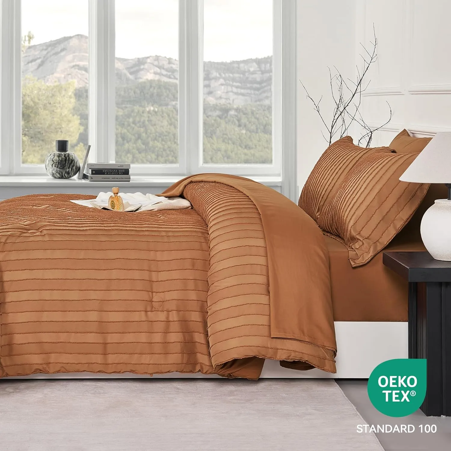 JELLYMONI Queen Comforter Set - Rust Striped Tufted Bedding Set for All Seasons, Fluffly Comforter (90"x90") with Pillow Shams (20"x26" 2")