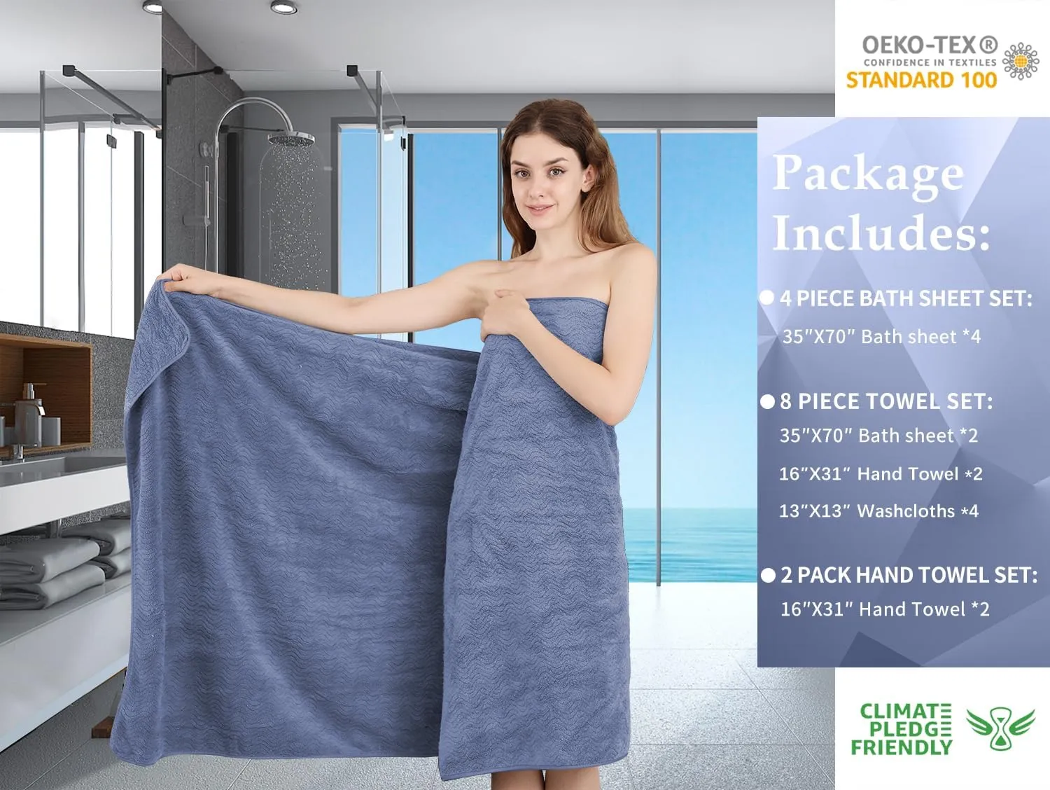Jessy Home 8 Piece Bathroom Towel Set |2 Jumbo Oversized Bath Sheet,2 Hand Towels,4 Washcloths| Large Sheet Soft for Hotel,Highly Absorbent Quick Dry Collections,Wedgewood