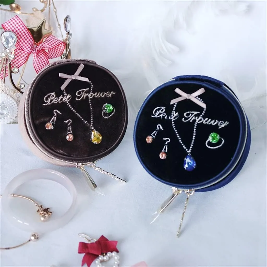 Jewellery Box Velvet Round Jewelry Bag Travel Portable Ring Earrings Watch Bracelet Jewelry Box Jewelry Box (Color : Argento, Size : About 9x9x5 cm)