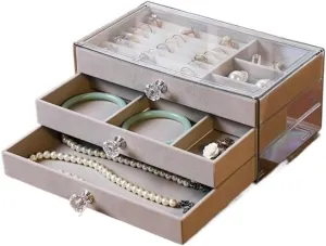 Jewelry Box Jewelry Box Velvet Multi-layer Portable Beaded Jewelry Bracelet Necklace Earrings Earrings Storage Box Jewellery Box(Grey)