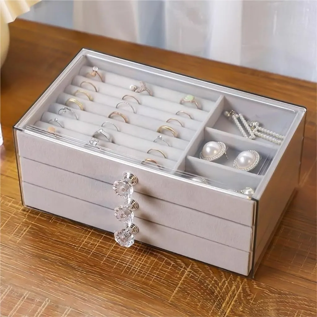 Jewelry Box Jewelry Box Velvet Multi-layer Portable Beaded Jewelry Bracelet Necklace Earrings Earrings Storage Box Jewellery Box(Grey)