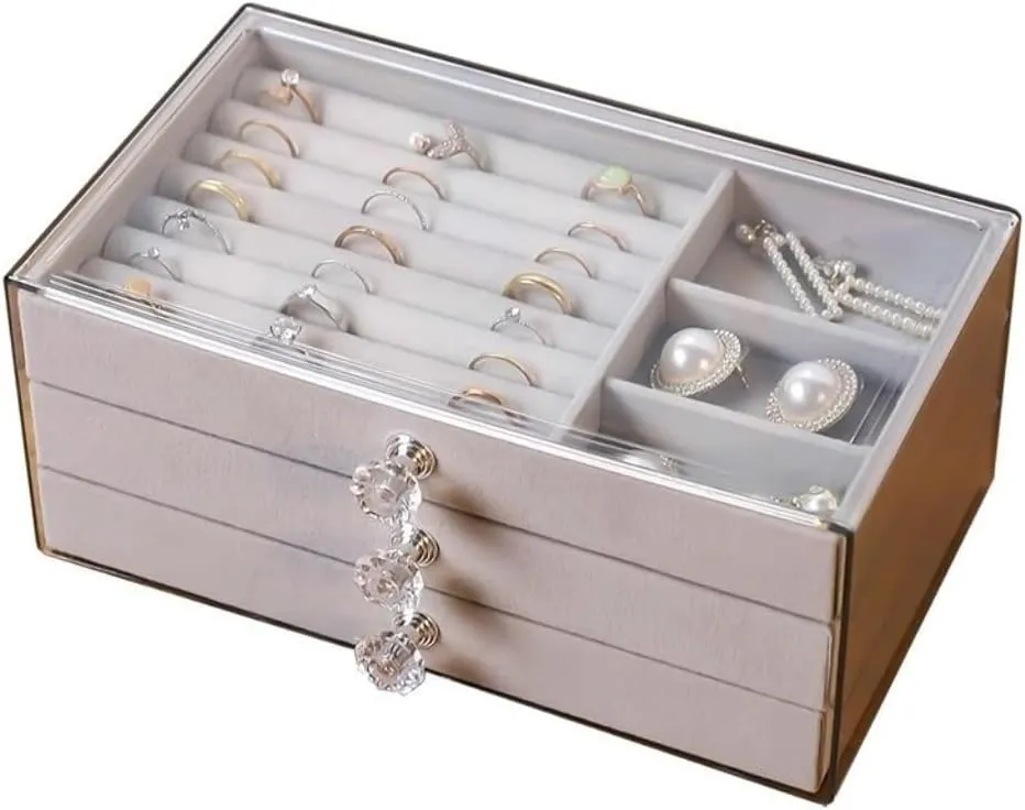 Jewelry Box Jewelry Box Velvet Multi-layer Portable Beaded Jewelry Bracelet Necklace Earrings Earrings Storage Box Jewellery Box(Grey)
