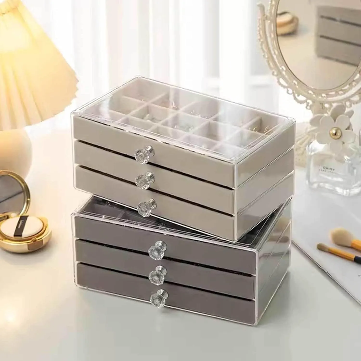 Jewelry Box, Jewelry Box with 3 Drawers 3 Layers Clear Plastic Jewelry Case with Velvet Lining for Women Portable Jewellery Storage Holder Display for Ring Earrings Necklace Bracelet Bangle Watch Gre