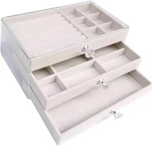 Jewelry Box, Jewelry Box with 3 Drawers 3 Layers Clear Plastic Jewelry Case with Velvet Lining for Women Portable Jewellery Storage Holder Display for Ring Earrings Necklace Bracelet Bangle Watch Gre
