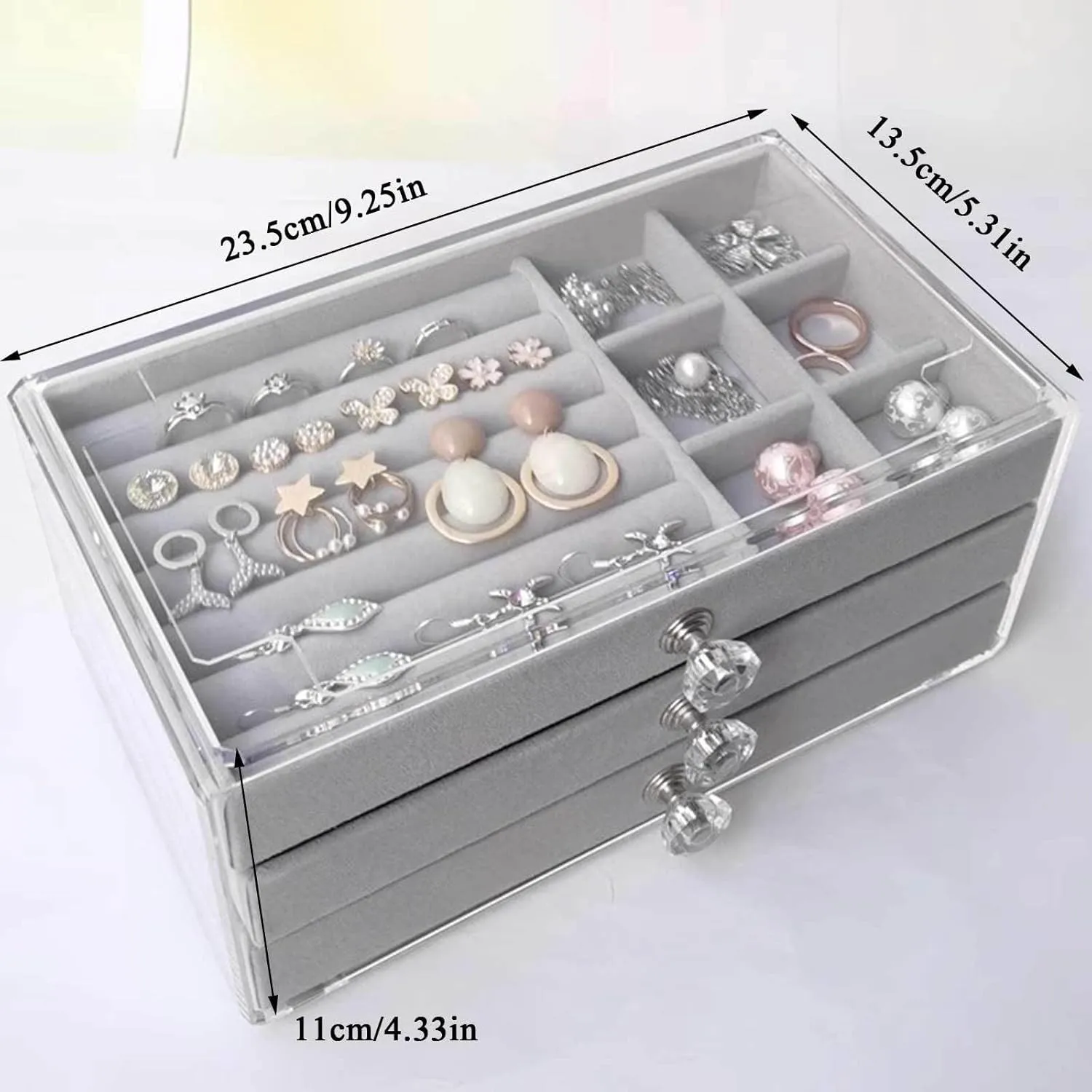 Jewelry Box, Jewelry Box with 3 Drawers 3 Layers Clear Plastic Jewelry Case with Velvet Lining for Women Portable Jewellery Storage Holder Display for Ring Earrings Necklace Bracelet Bangle Watch Gre