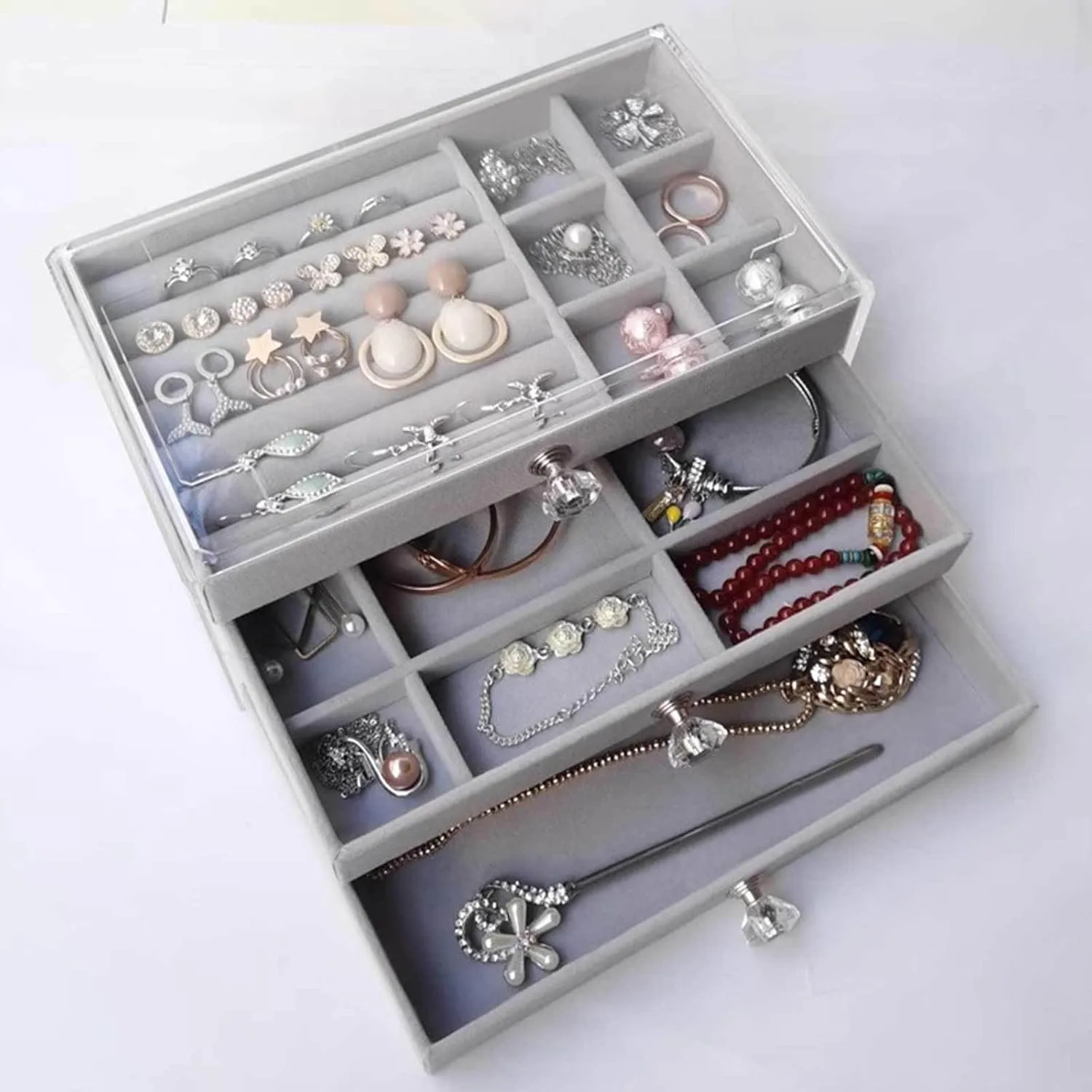 Jewelry Box, Jewelry Box with 3 Drawers 3 Layers Clear Plastic Jewelry Case with Velvet Lining for Women Portable Jewellery Storage Holder Display for Ring Earrings Necklace Bracelet Bangle Watch Gre