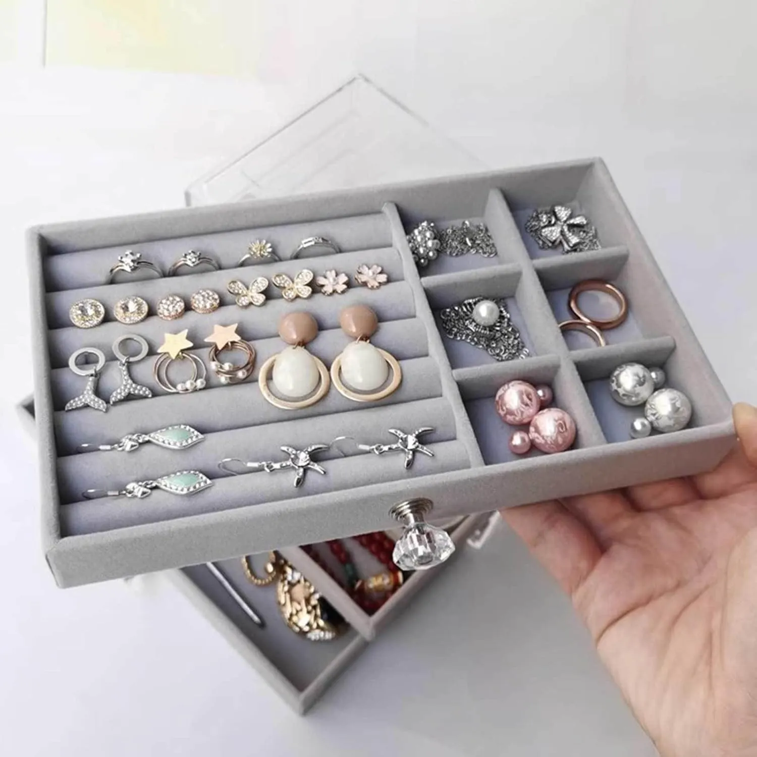 Jewelry Box, Jewelry Box with 3 Drawers 3 Layers Clear Plastic Jewelry Case with Velvet Lining for Women Portable Jewellery Storage Holder Display for Ring Earrings Necklace Bracelet Bangle Watch Gre