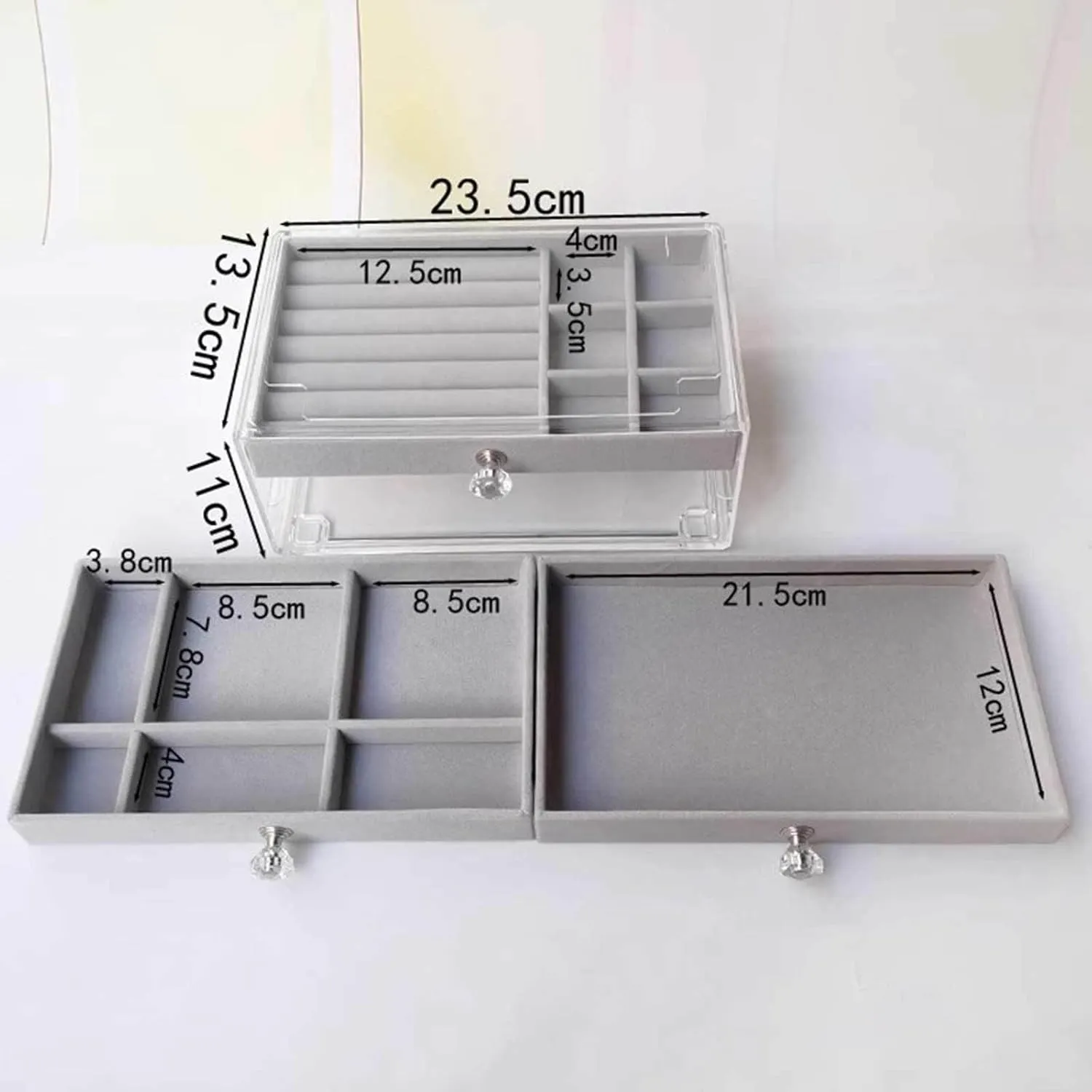 Jewelry Box, Jewelry Box with 3 Drawers 3 Layers Clear Plastic Jewelry Case with Velvet Lining for Women Portable Jewellery Storage Holder Display for Ring Earrings Necklace Bracelet Bangle Watch Gre
