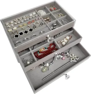 Jewelry Box, Jewelry Box with 3 Drawers 3 Layers Clear Plastic Jewelry Case with Velvet Lining for Women Portable Jewellery Storage Holder Display for Ring Earrings Necklace Bracelet Bangle Watch Gre