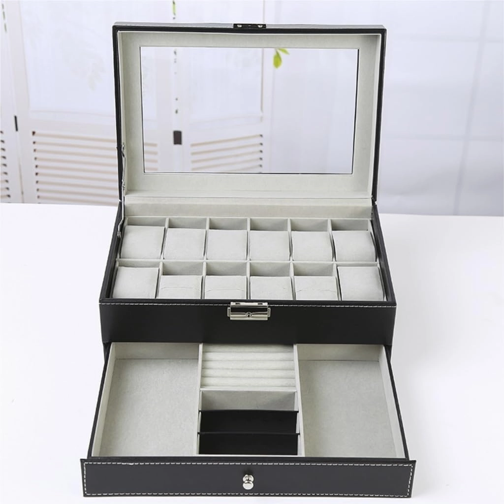 Jewelry Box Double Layer Watch Box Wooden Leather Transparent Window Jewelry Storage Box Business Jewelry Packaging Box Jewelery Box