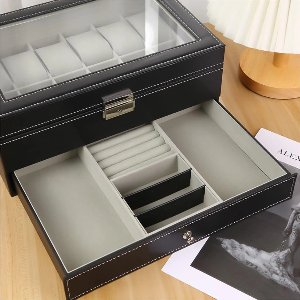 Jewelry Box Double Layer Watch Box Wooden Leather Transparent Window Jewelry Storage Box Business Jewelry Packaging Box Jewelery Box
