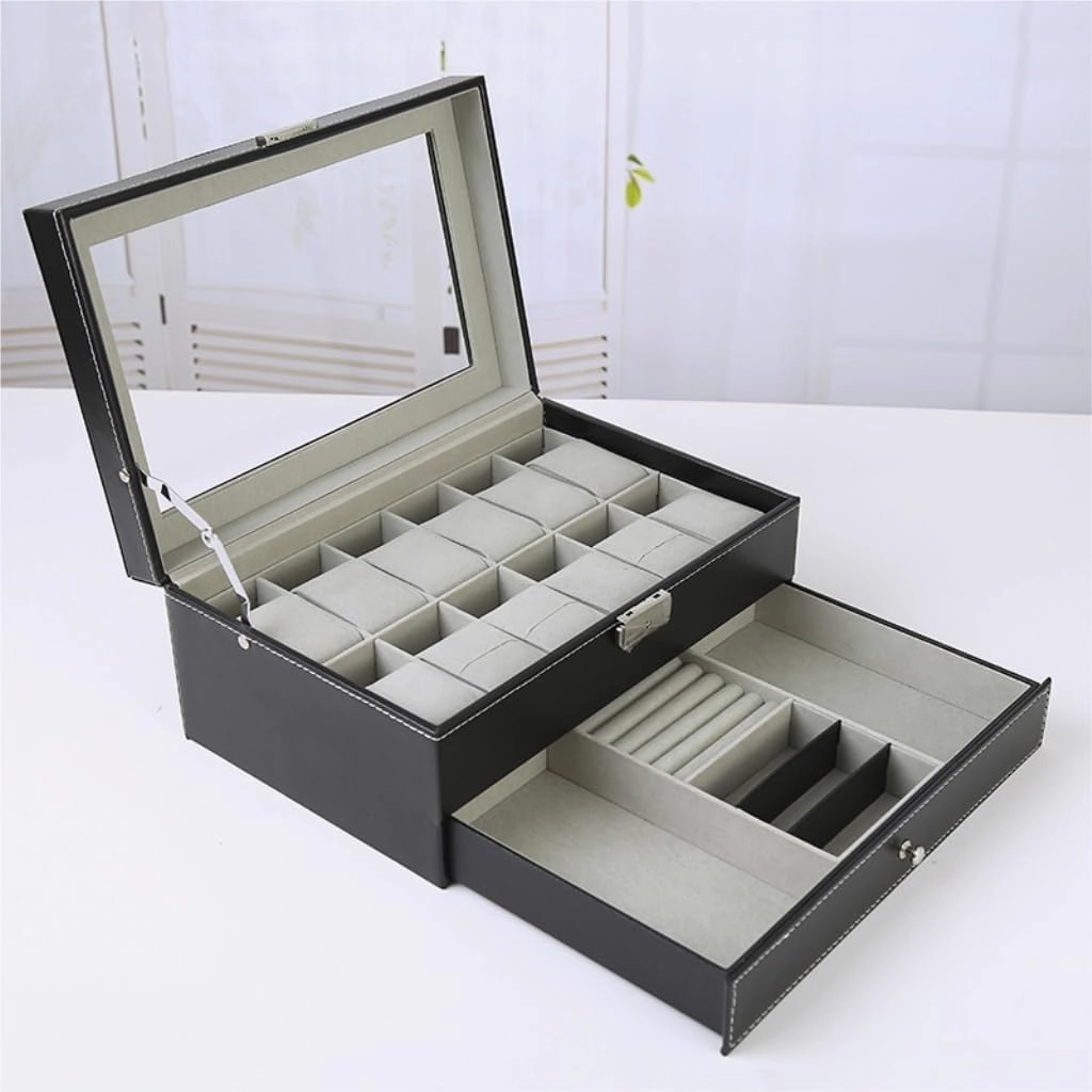 Jewelry Box Double Layer Watch Box Wooden Leather Transparent Window Jewelry Storage Box Business Jewelry Packaging Box Jewelery Box