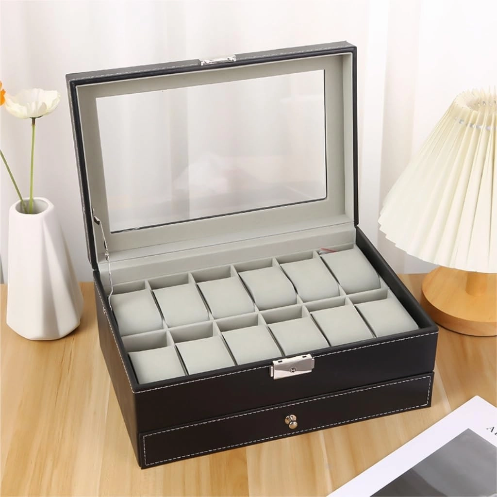 Jewelry Box Double Layer Watch Box Wooden Leather Transparent Window Jewelry Storage Box Business Jewelry Packaging Box Jewelery Box